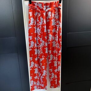 J CREW Floral Red Orange and Periwinkle wide leg silk trousers sz 10T